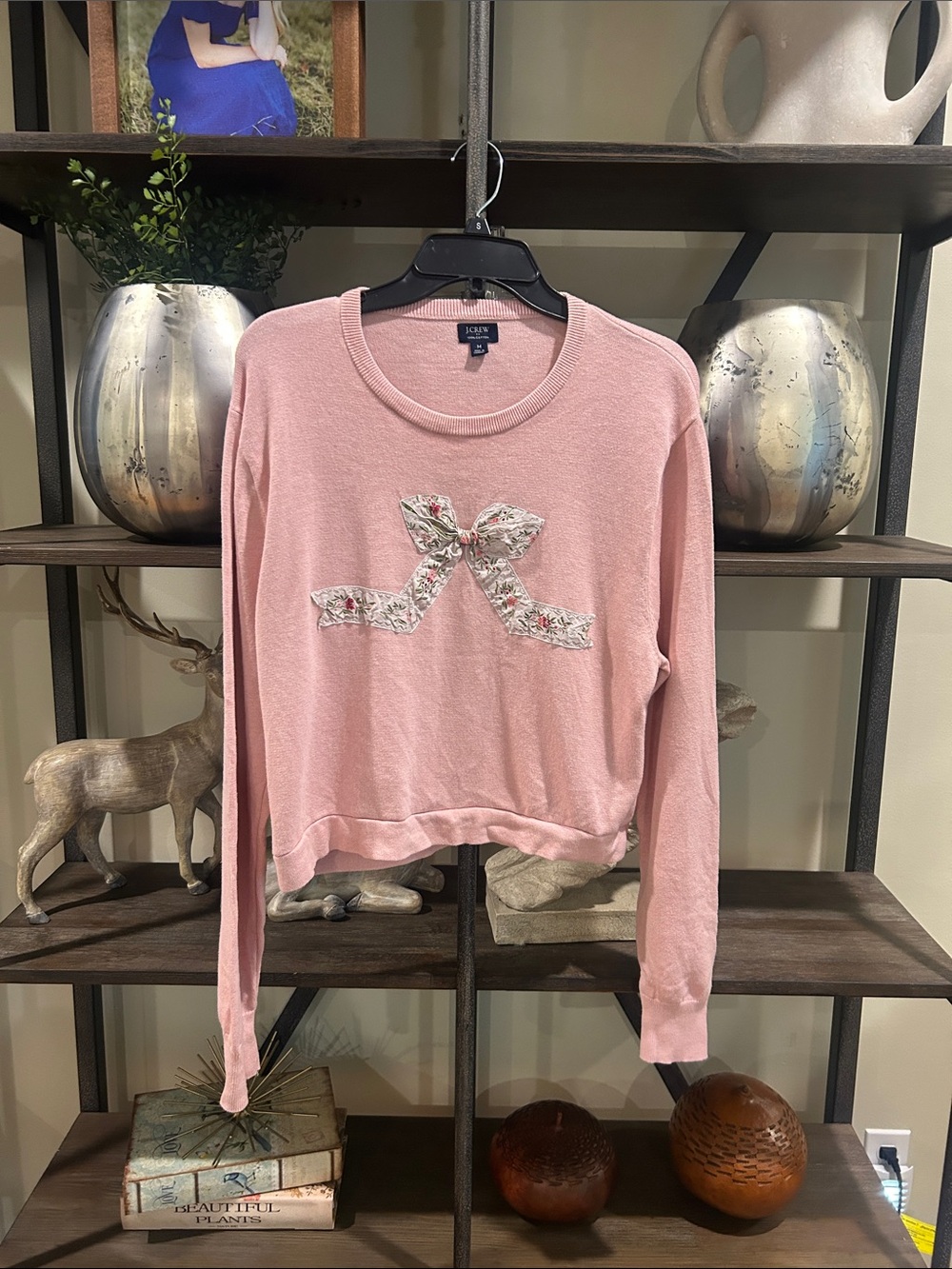 J. Crew Pink Crewneck Sweater with Floral Bow Applique medium